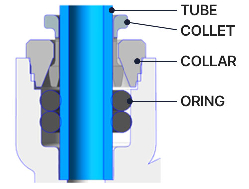 FITTING cross-section (TUBE / COLLET / COLLAR / O-RING)